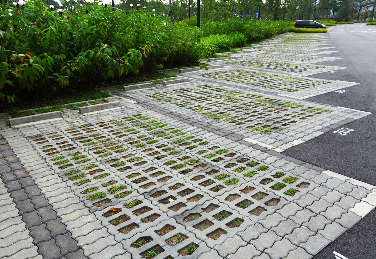 Permeable pavers in a parking lot.
